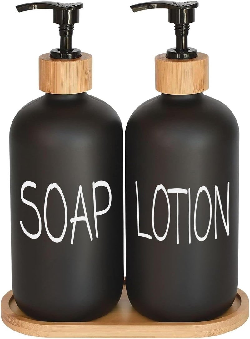 DIDROOM Black Soap Dispenser Bathroom Set, Set with Glass Dispenser, Bamboo Pumps & Tray. Hand and Lotion Suitable for Farmhouse Decor - Image 1